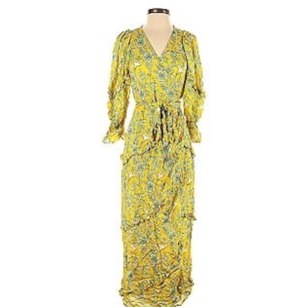 Rhode Wrap Maxi Dress Womens Small Yellow Floral Bird Print‎ Tiered Ruffle Mint